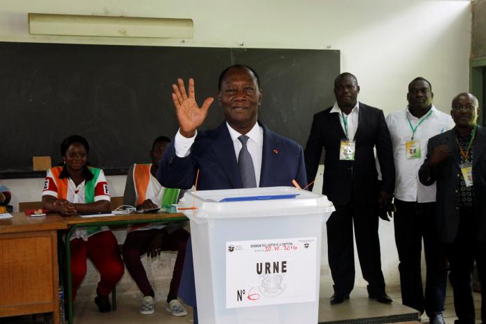 Ivory Coast's President Alassane Ouattara after his vote in the referndum (photo credit: REUTERS/Luc Gnago)