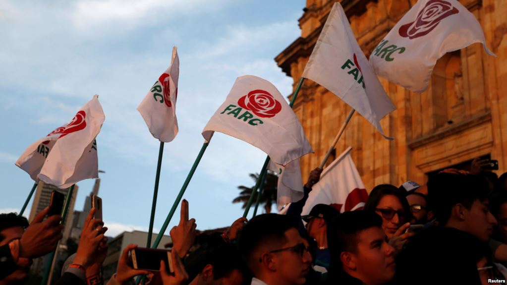 Revolutionary Alternative Force of the Common (FARC) Political party flags are seen during a protest in support of the Special Jurisdiction for Peace (JEP) (photo credit: Reuters)