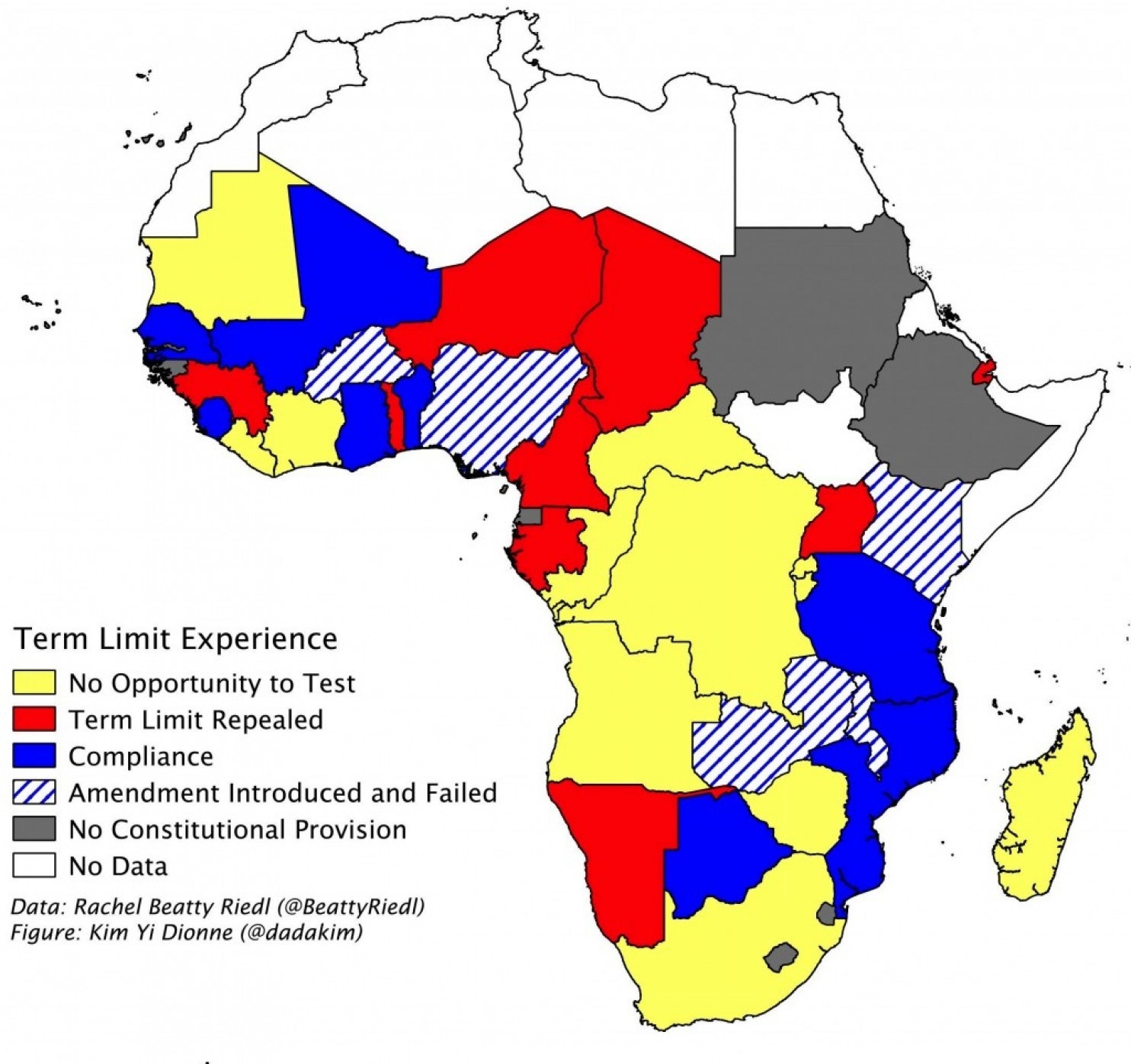 African countries are shaded according to their experience as of February 2015 regarding attempts to repeal constitutional term limits of the executive. Data: Rachel Beatty Riedl. (Kim Yi Dionne/The Monkey Cage)