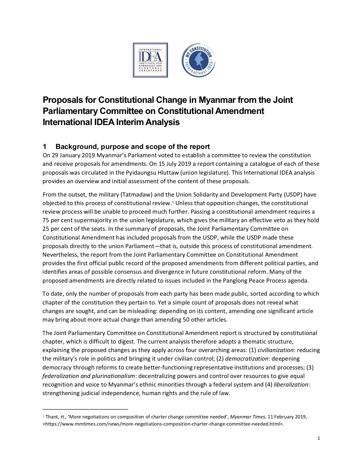 Proposals for Constitutional Change in Myanmar from the Joint Parliamentary Committee on Constitutional Amendment: International IDEA Interim Analysis