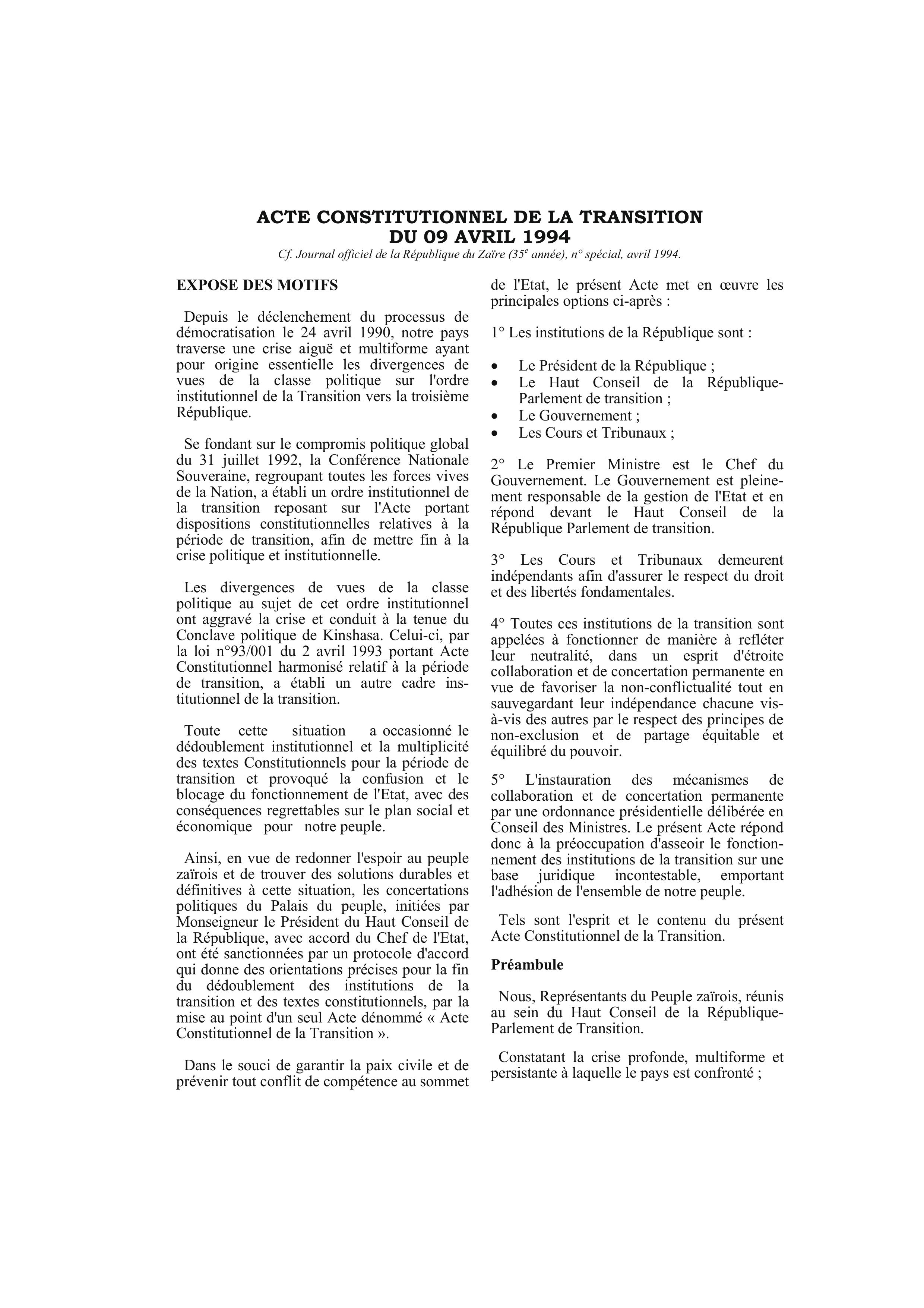Interim Constitution - Democratic Republic of Congo (1994-1997)