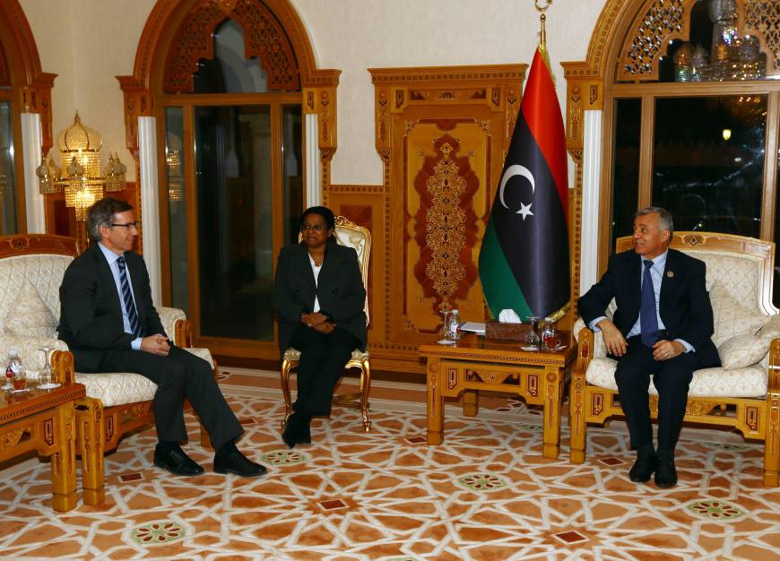 UN special envoy Bernardino Leon (left) meets with President of the General National Congress Nuri Abu Sahmein (right) in Tripoli on 24 March 2015 (photo credit: AFP-JIJI)