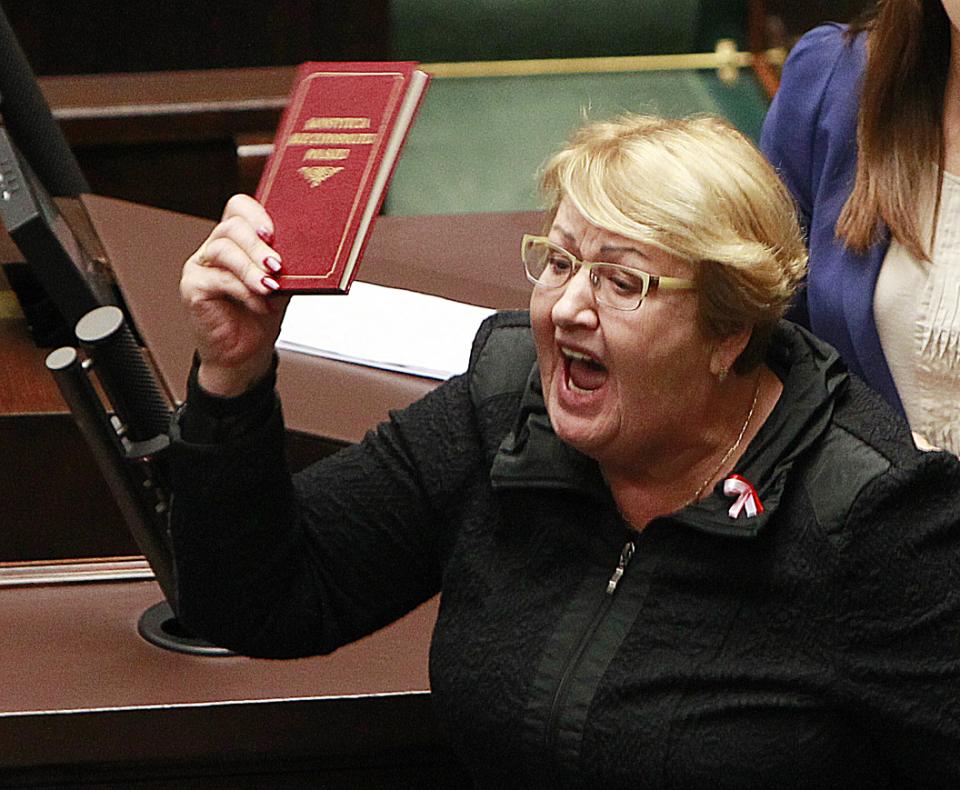 Henryka Krzywonos, a Polish lawmaker and hero of the anti-communist Solidarity movement, appeals to lawmakers to respect the nation’s constitution ahead of a vote on five lawmakers to the Constitutional Tribunal in Warsaw, Poland on Wednesday Dec. 2, 2015. Critics of the right-wing Law and Justice party say the attempts to put supporters on the constitutional court are a violation of democratic norms. (photo credit: AP)