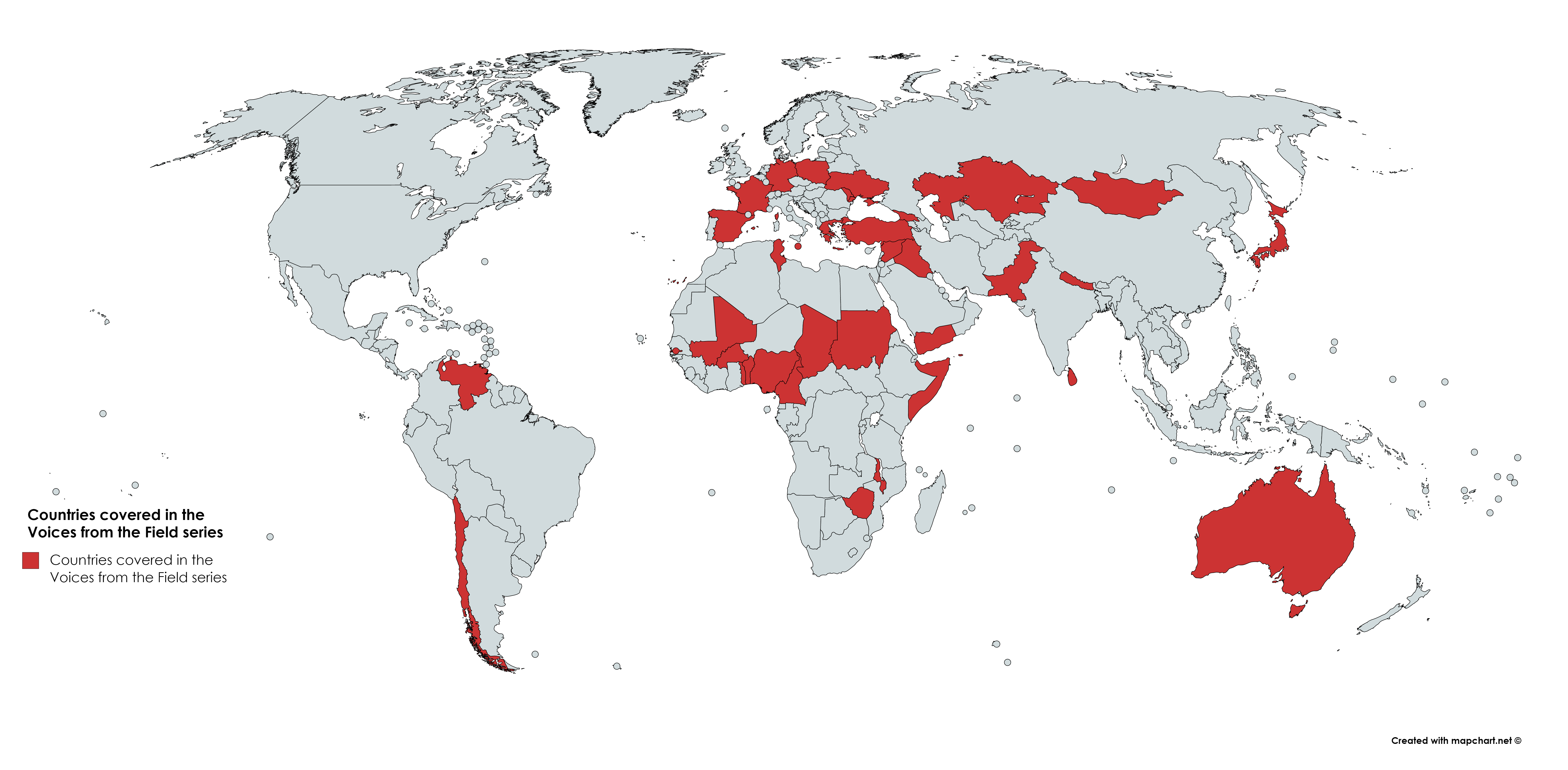 Map chart showing the list of countries covered in the 2017 Voices from the Field series