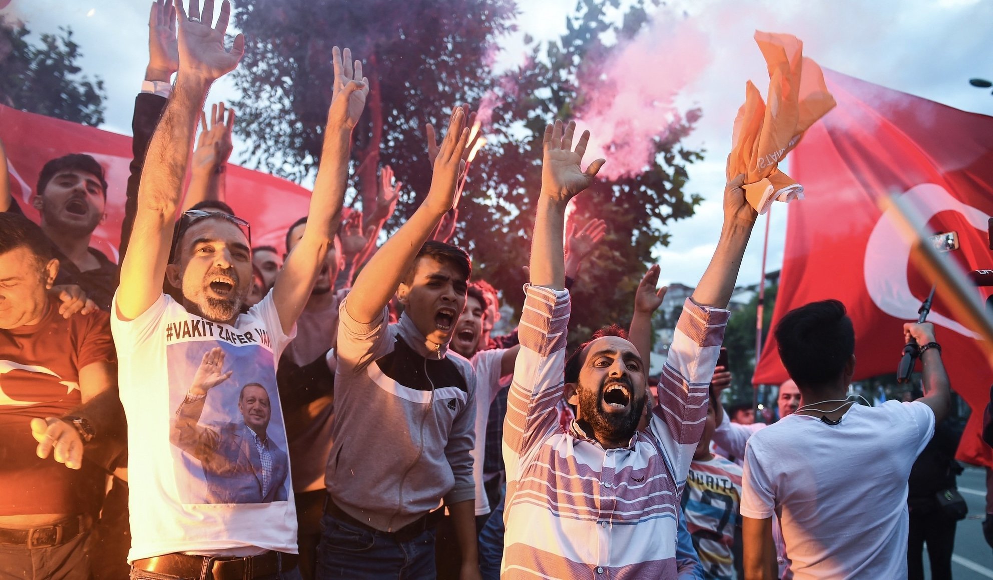 Erdoğan’s supporters celebrate outside AK party headquarters on June 24 in Istanbul, Turkey (photo credit: Jeff J. Mitchell/Getty Images)