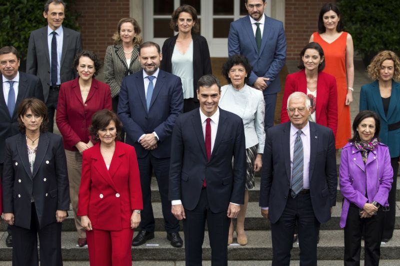In this Friday, June 8, 2018 photo, Spain's new government's Ministers pose for the media after their first Cabinet meeting at the Moncloa palace in Madrid (photo credi: AP Photo/Francisco Seco)
