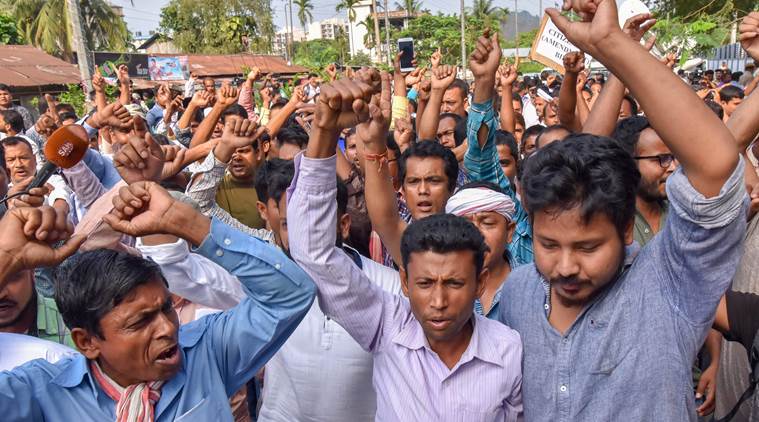 Guwahati: Members of different organizations and individuals raise slogans against the Citizenship (Amendment) Bill (photo credit: The Indian Express)