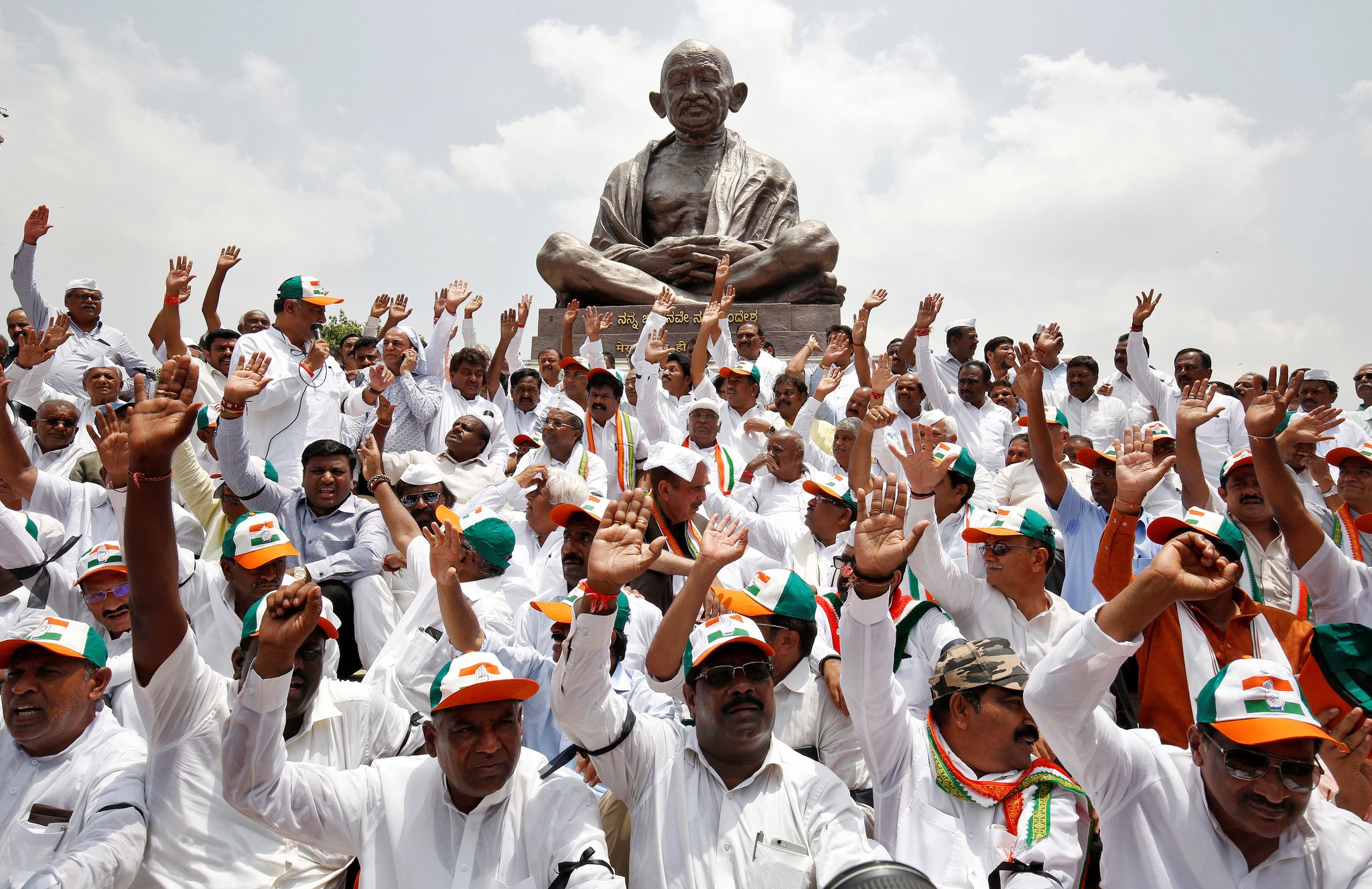 Lawmakers from India's main opposition protests in Bangalore, India in May (photo credit: Abhishek N.Chinnappa/Reuters)