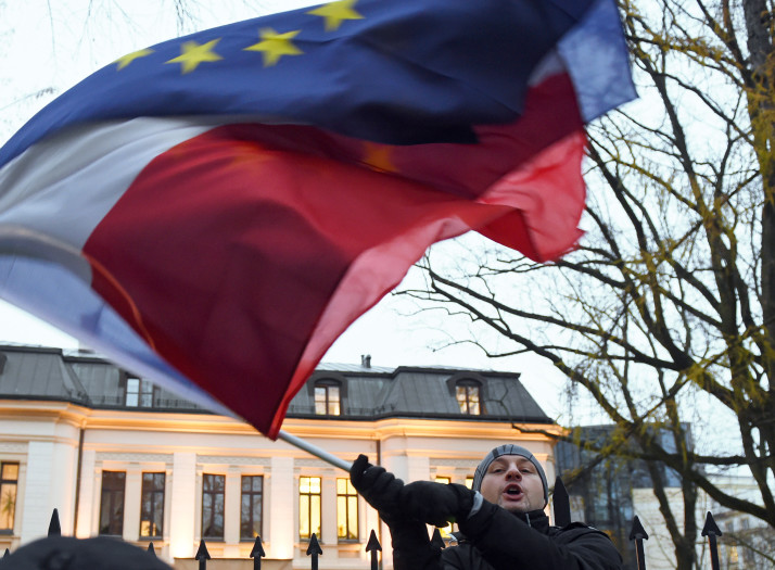 A protester waves flags of Poland and the EU at the Polish Constitutional Court  (photo credit: POLITICO)