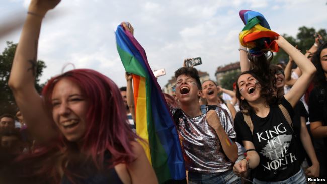 Revellers cheer during the annual Sofia Pride parade in Sofia, Bulgaria, June 9, 2018 (photo credit: Voa News)