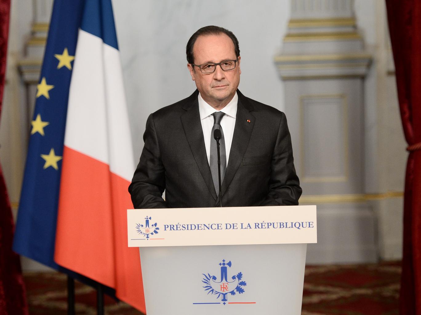 French president Francois Hollande speaks in Paris, following a series of coordinated attacks in and around Paris late on 13 November 2015 (photo credit: Independent)