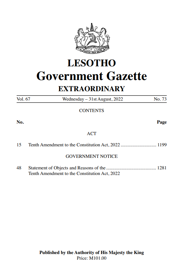 Lesotho Tenth Amendment to the Constitution Act 2022