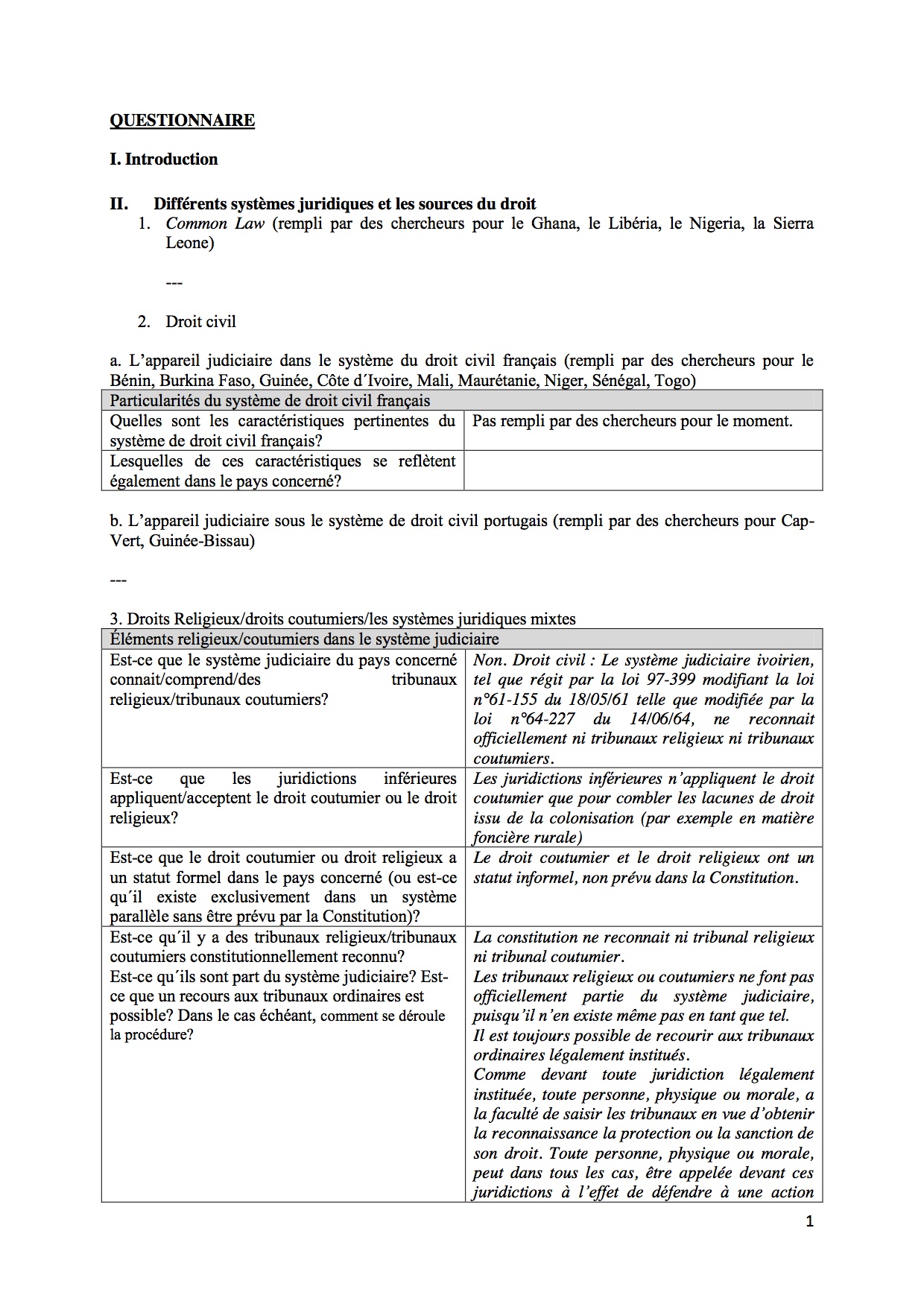 Rule of Law Questionnaire - Cote D'Ivoire