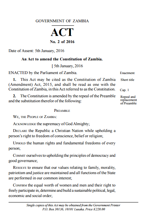 Constitution of Zambia (Amendment) Act, 2015 (5 January 2016)