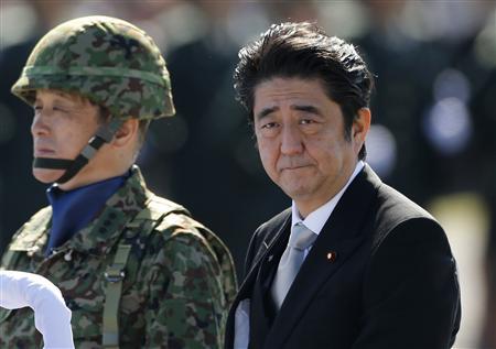 Japanese Prime Minster Shinzo Abe reviews Japan Self-Defence Forces (photo credit: Reuters)