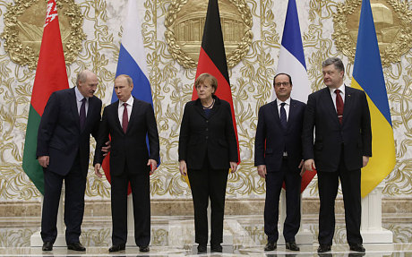 Leaders of Belarus, Russia, Germany, France, and Ukraine at the 11–12 February summit in Minsk (photo credit: AFP)