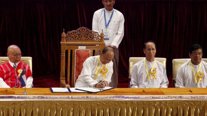 The signing ceremony in the capital Nay Pyi Taw is the result of two years of negotiations (photo credit: BBC News)