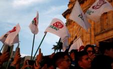 Revolutionary Alternative Force of the Common (FARC) Political party flags are seen during a protest in support of the Special Jurisdiction for Peace (JEP) (photo credit: Reuters)