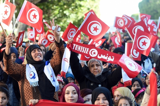 Tunisian women at a rally in Tunis marking the 5th anniversary of the 2011 revolution (photo credit: AFP)
