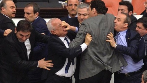 Turkish parliamentary members broke into a violent brawl during a constitutional reforms debate (photo credit: Reuters)
