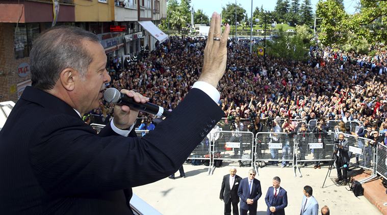 Turkey’s President Recep Tayyip Erdogan, waves to supporters (photo credit:Press Presidency Press Service via AP, Pool) 