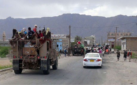 Pro-government forces backed by the Sunni Arab coalition near Loder in south Yemen last week (photo credit: FT)